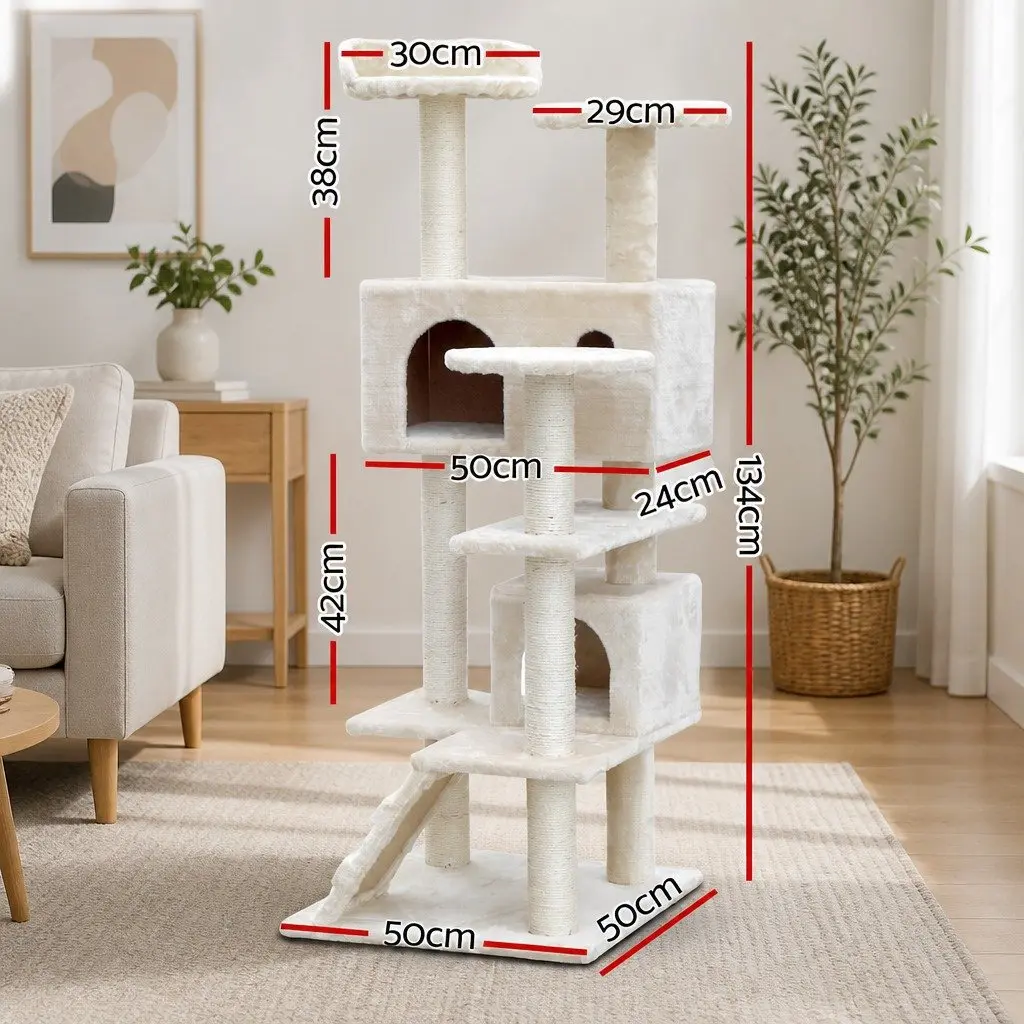 Cat Tree Multi-Level Scratching Post Condo House Bed 134cm Beige Wooden