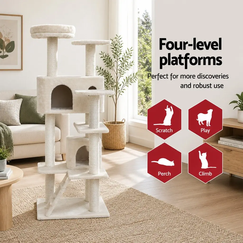 Cat Tree Multi-Level Scratching Post Condo House Bed 134cm Beige Wooden