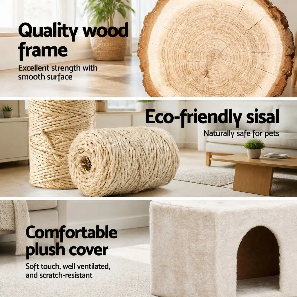 Cat Tree Multi-Level Scratching Post Condo House Bed 134cm Beige Wooden