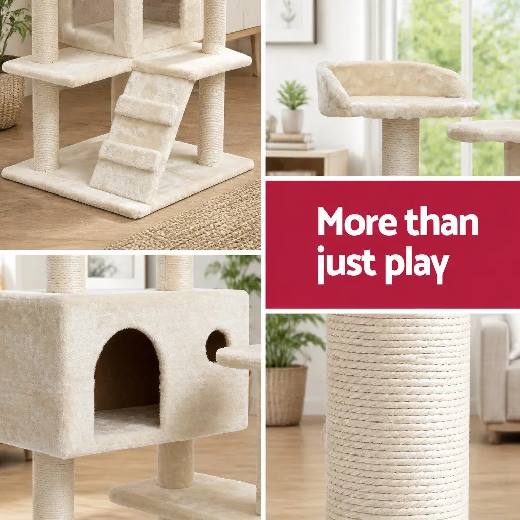 Cat Tree Multi-Level Scratching Post Condo House Bed 134cm Beige Wooden