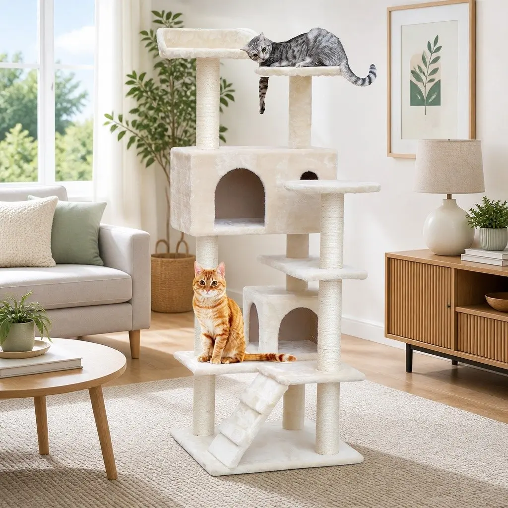 Cat Tree Multi-Level Scratching Post Condo House Bed 134cm Beige Wooden