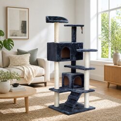 Cat Tree 134cm Tall Scratching Post Tower Wooden Condo House with Plush Bed Grey