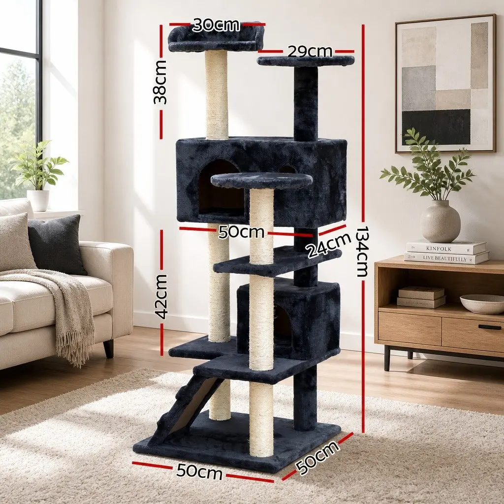 Cat Tree Scratching Post 134cm Tall Wooden Condo House with Plush Bed Grey