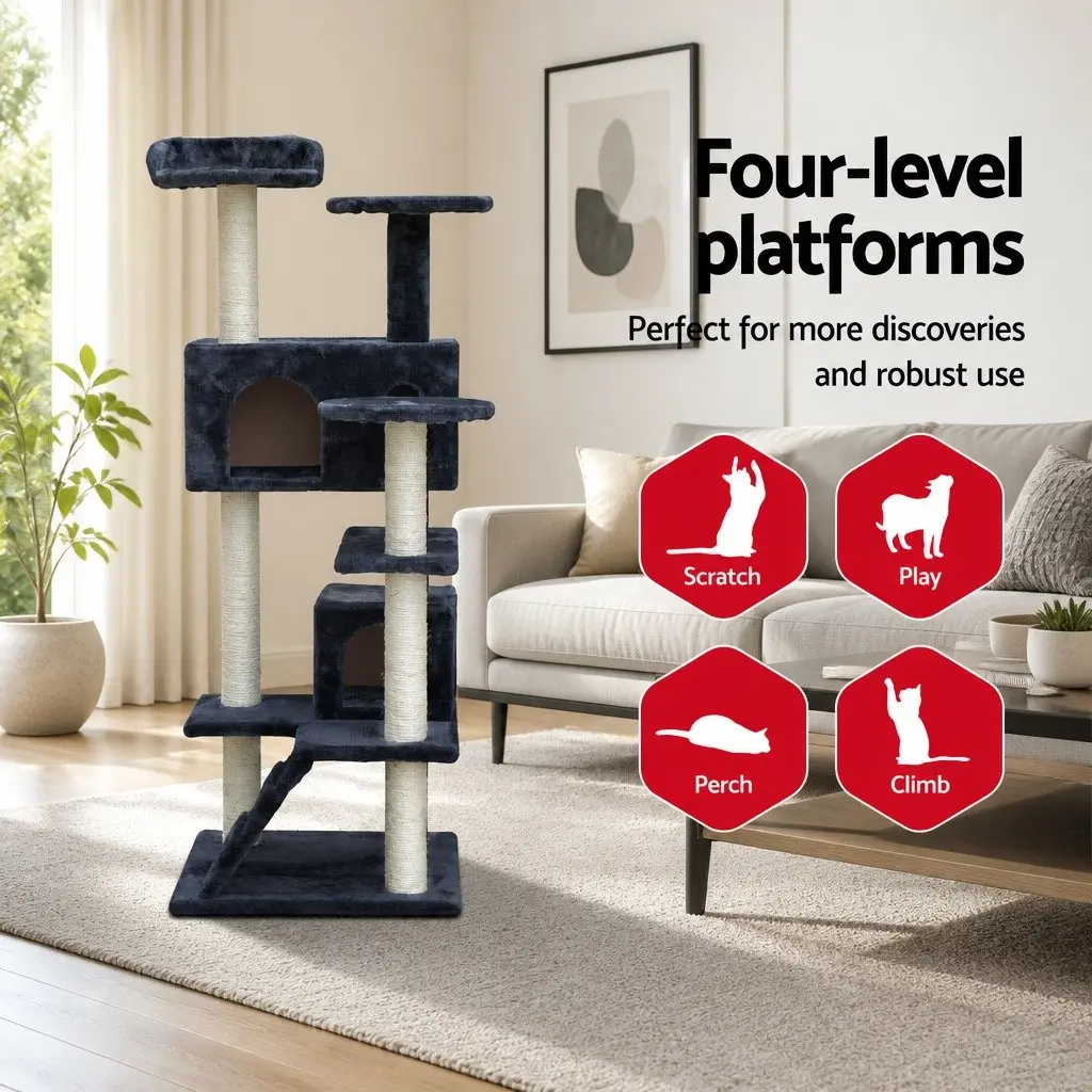 Cat Tree Scratching Post 134cm Tall Wooden Condo House with Plush Bed Grey