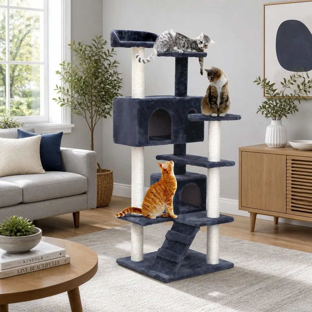 Cat Tree Scratching Post 134cm Tall Wooden Condo House with Plush Bed Grey