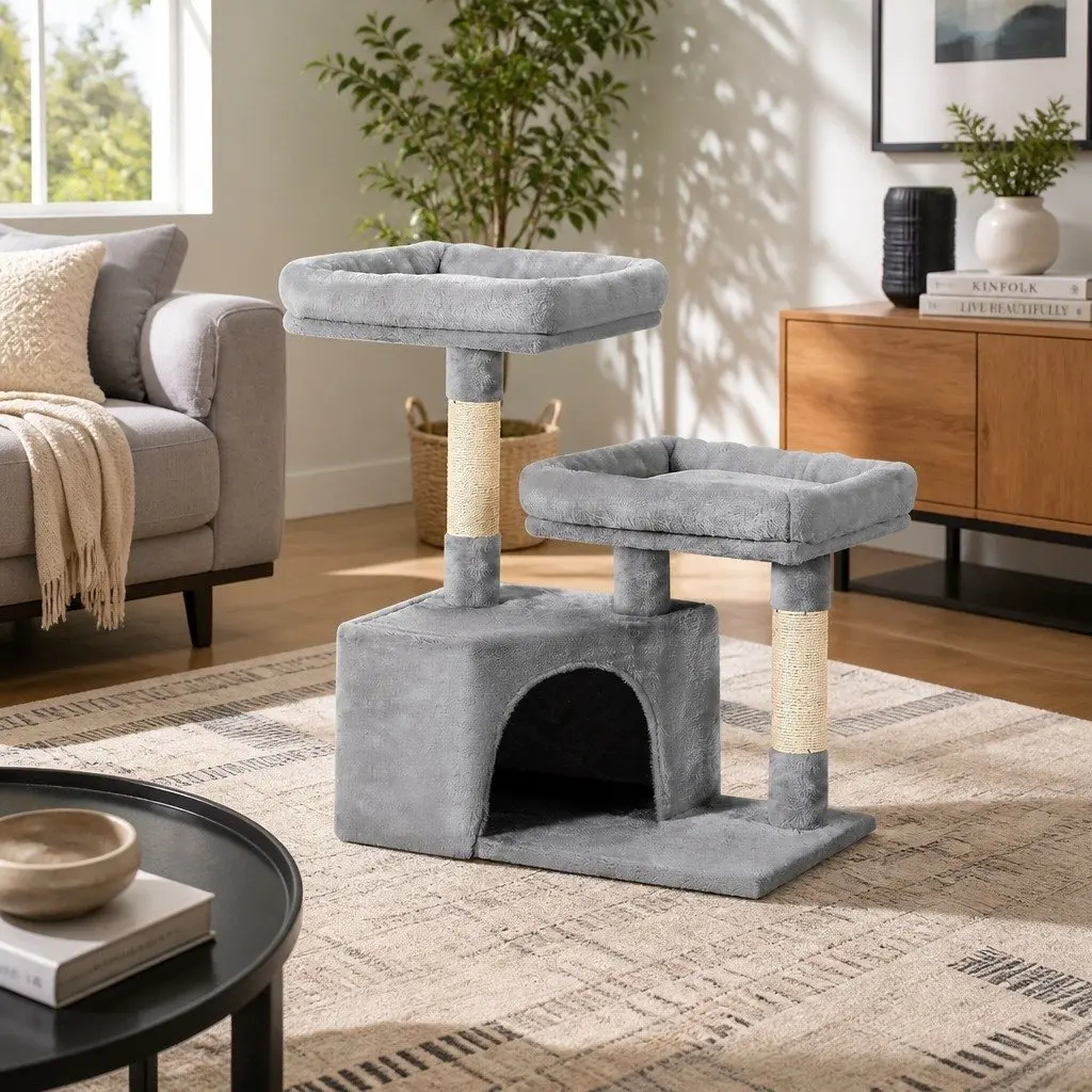 Cat Scratching Post Multi-Level Condo 69cm Grey Wood