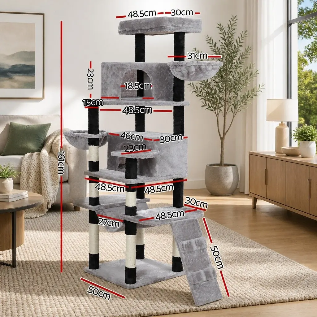 Cat Tree Multi-Level Scratching Post Condo House Bed 161cm Light Grey