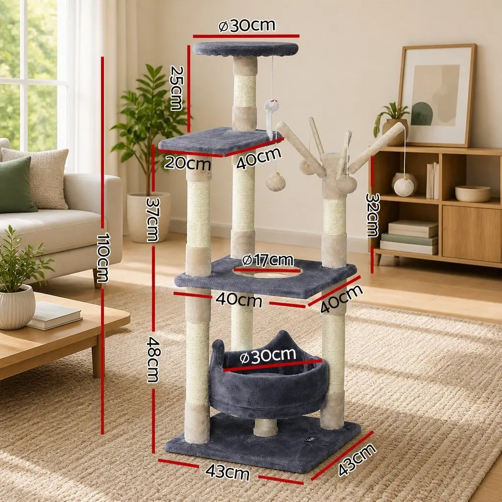 Cat Tree Multi-Level Scratching Post Condo 110cm Grey Wood