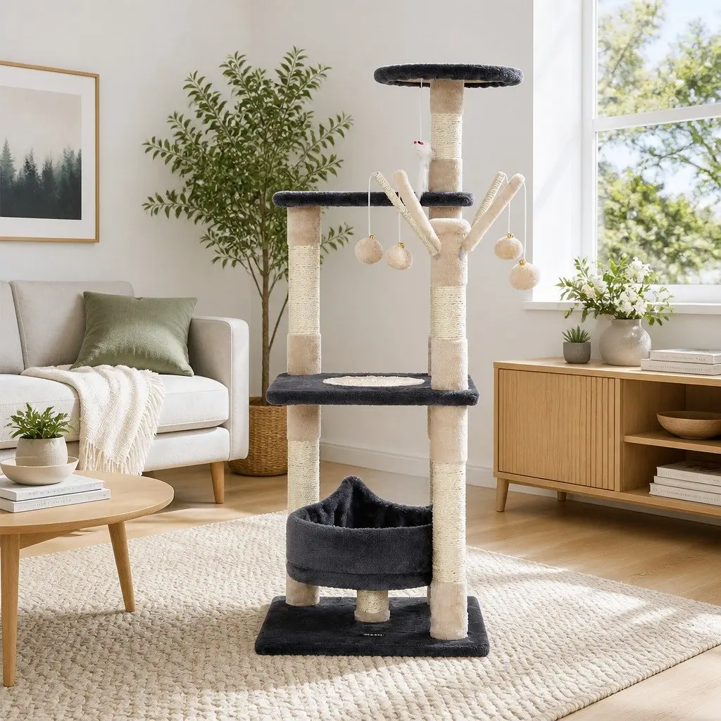 Cat Tree Multi-Level Scratching Post Condo 110cm Grey Wood