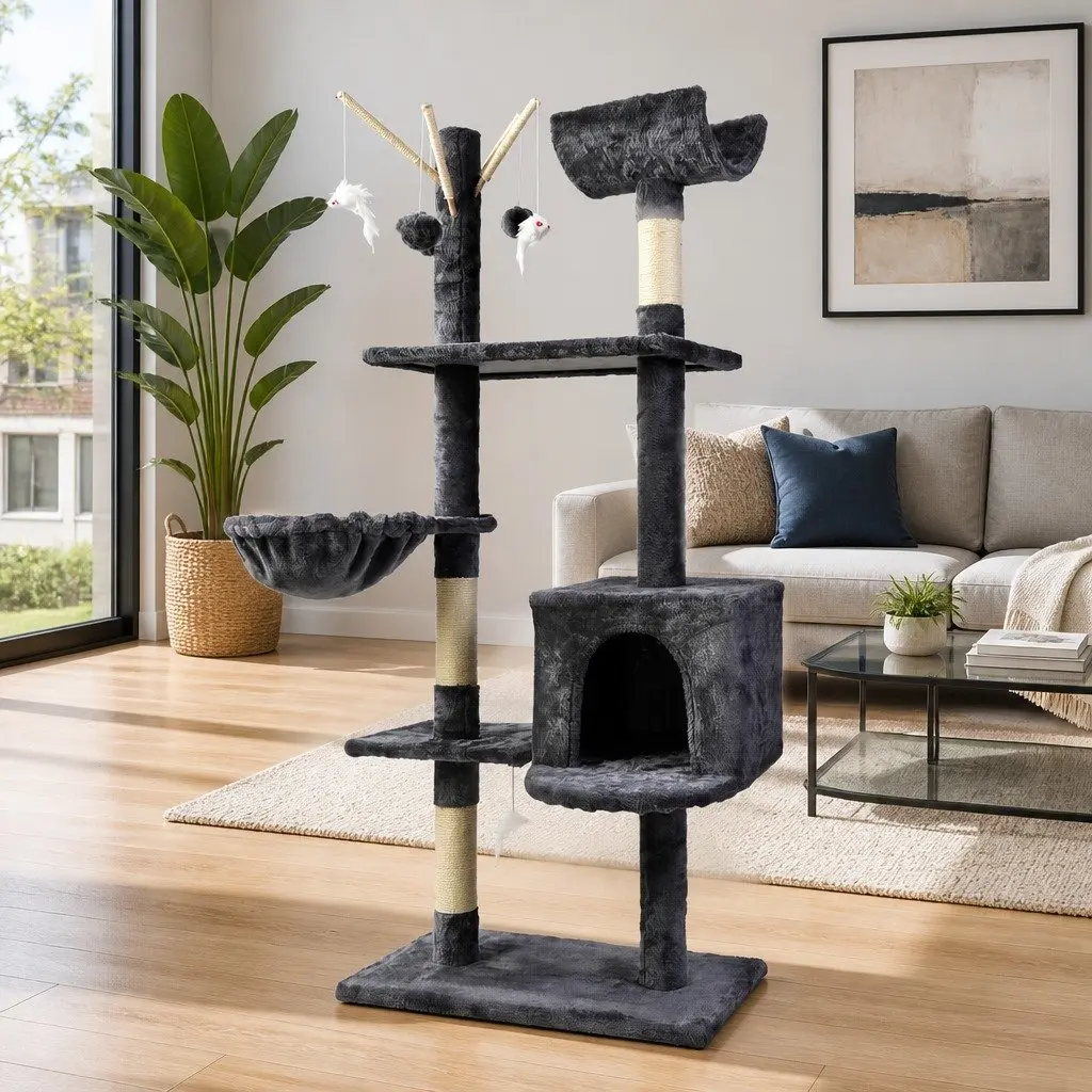 Cat Tree 140cm Scratching Post Tower Bed Hammock Toys Condo Grey