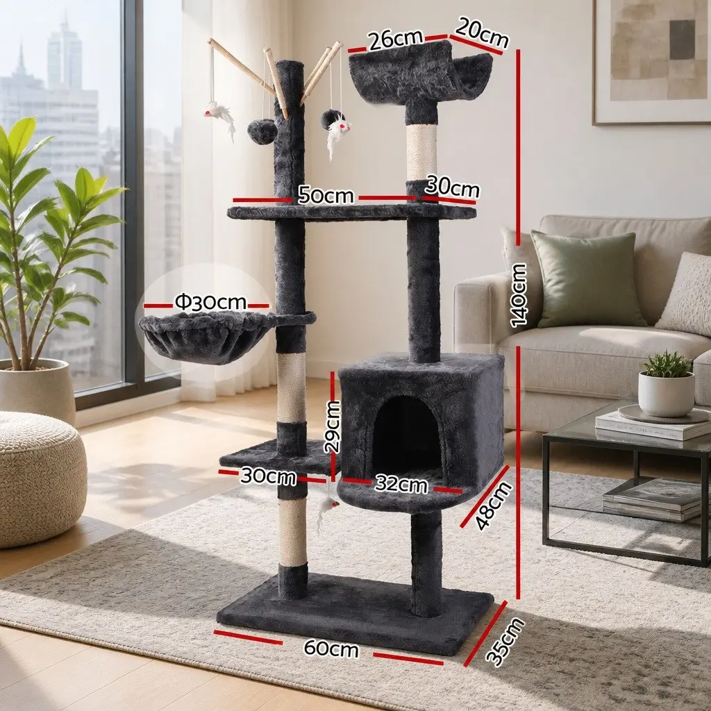 Cat Tree 140cm Scratching Post Tower Bed Hammock Toys Condo Grey