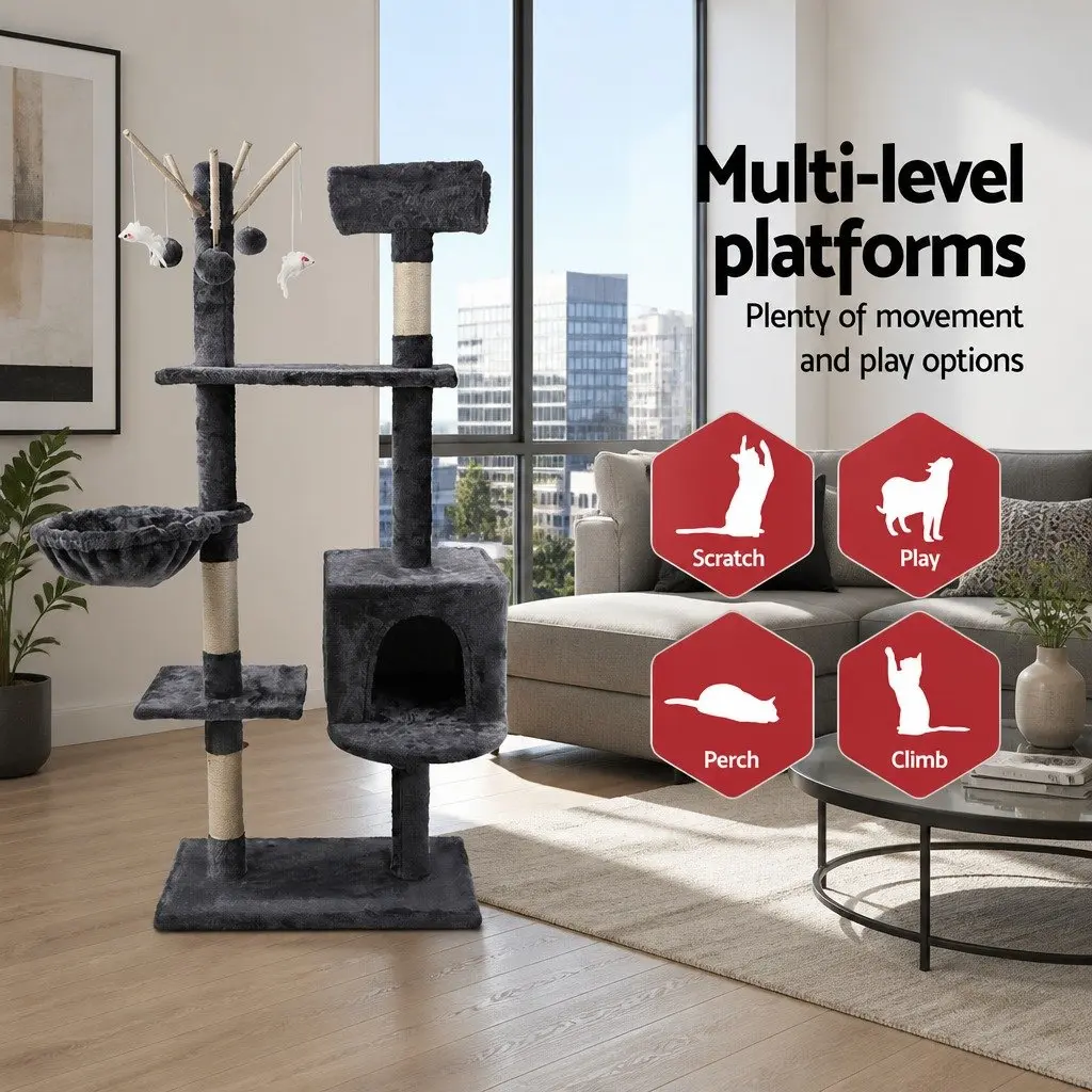 Cat Tree 140cm Scratching Post Tower Bed Hammock Toys Condo Grey