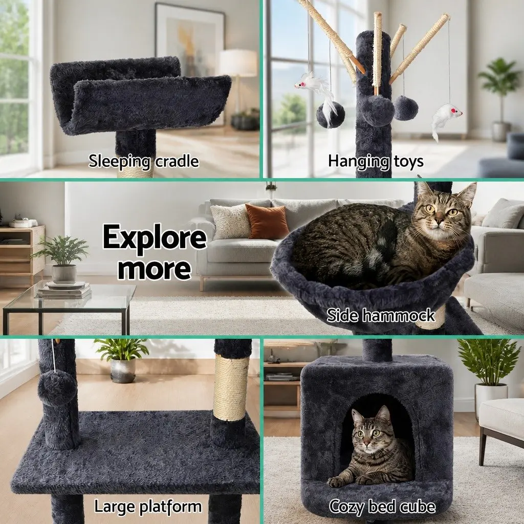 Cat Tree 140cm Scratching Post Tower Bed Hammock Toys Condo Grey
