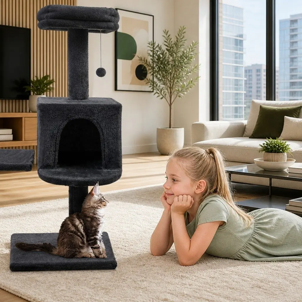 Cat Tree 140cm Scratching Post Tower Bed Hammock Toys Condo Grey