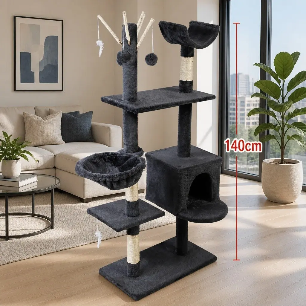 Cat Tree 140cm Scratching Post Tower Bed Hammock Toys Condo Grey
