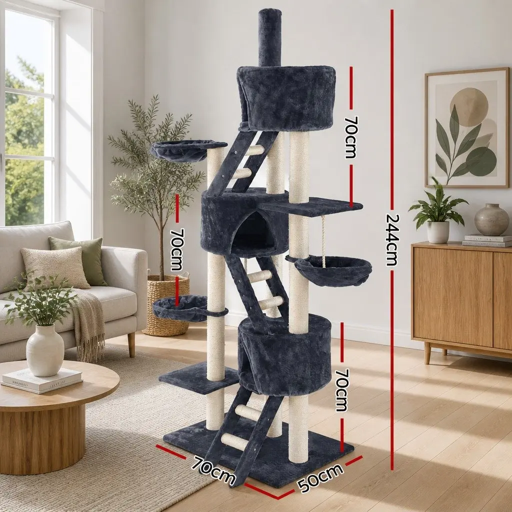 Cat Tree Multi-Level Scratching Post 244cm Tall Grey