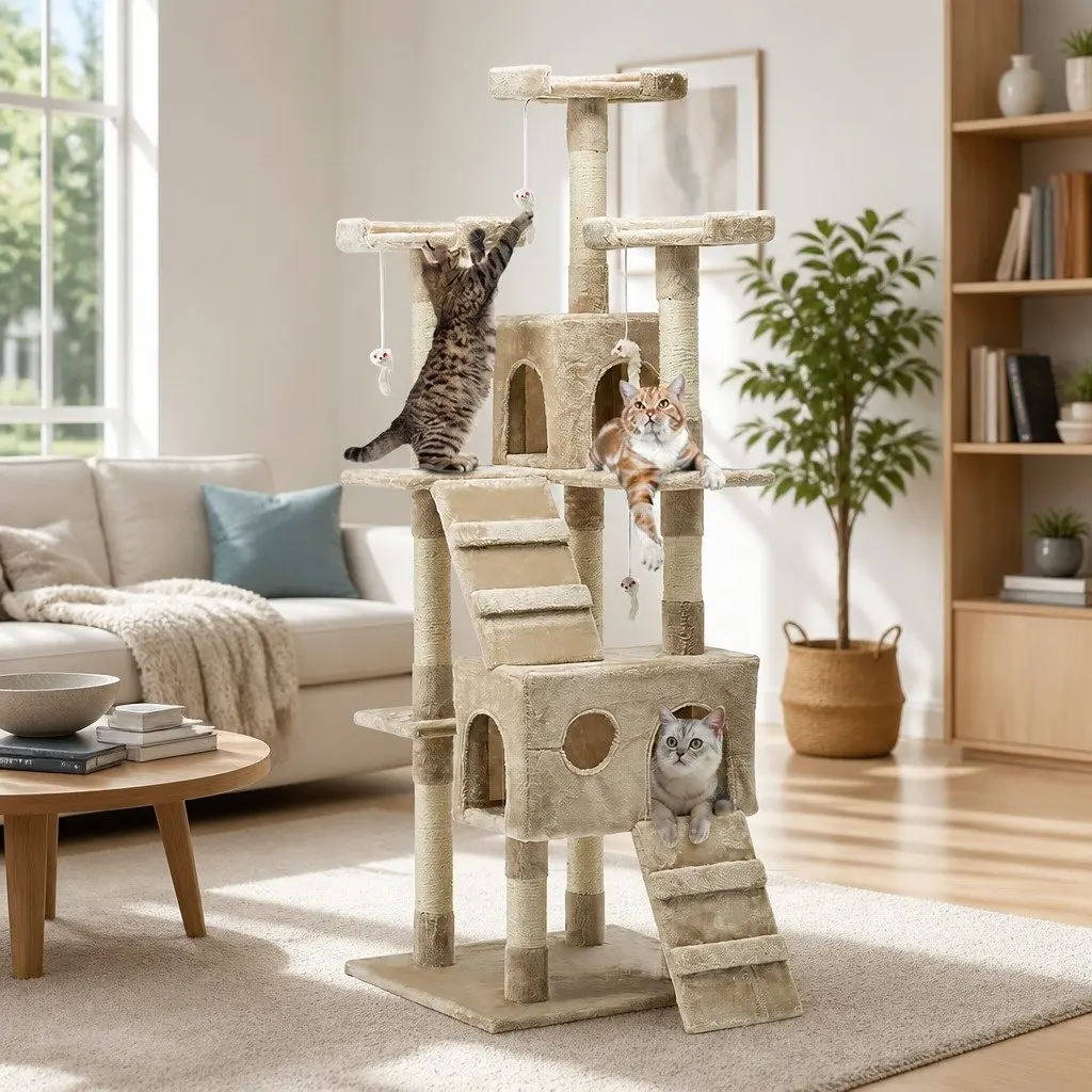 Cat Tree 180cm Tower Scratching Post Condo House Multi-Level Play Beige