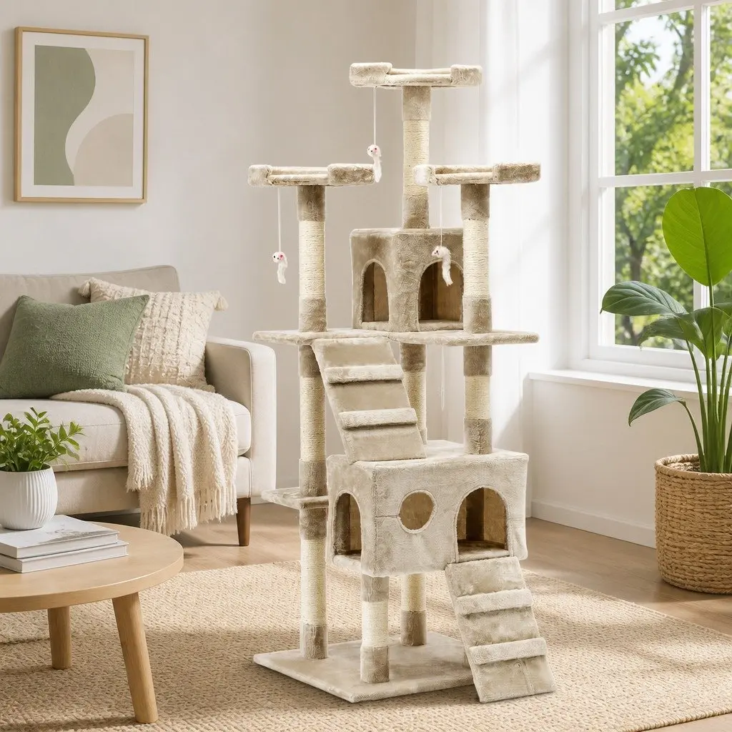 Cat Tree Scratching Post Condo House 180cm Multi-Level Beige