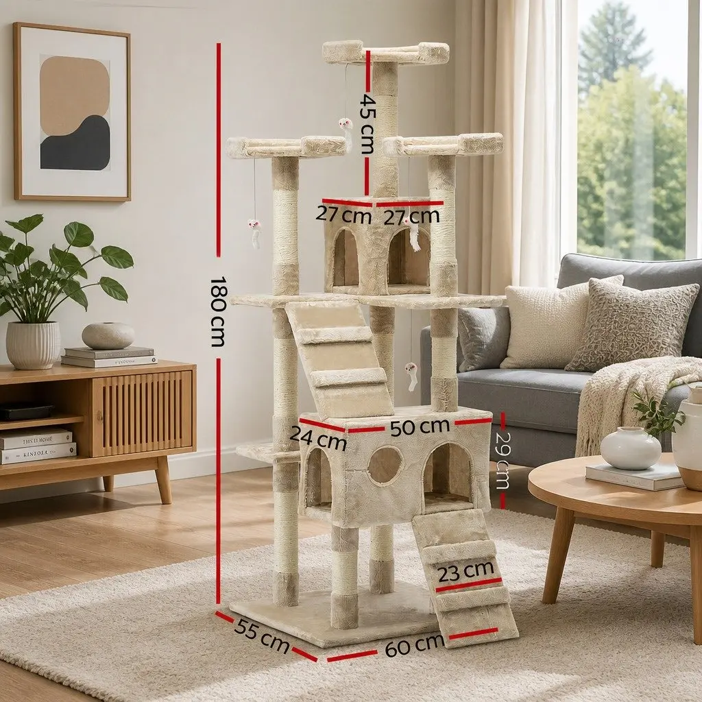 Cat Tree Scratching Post Condo House 180cm Multi-Level Beige