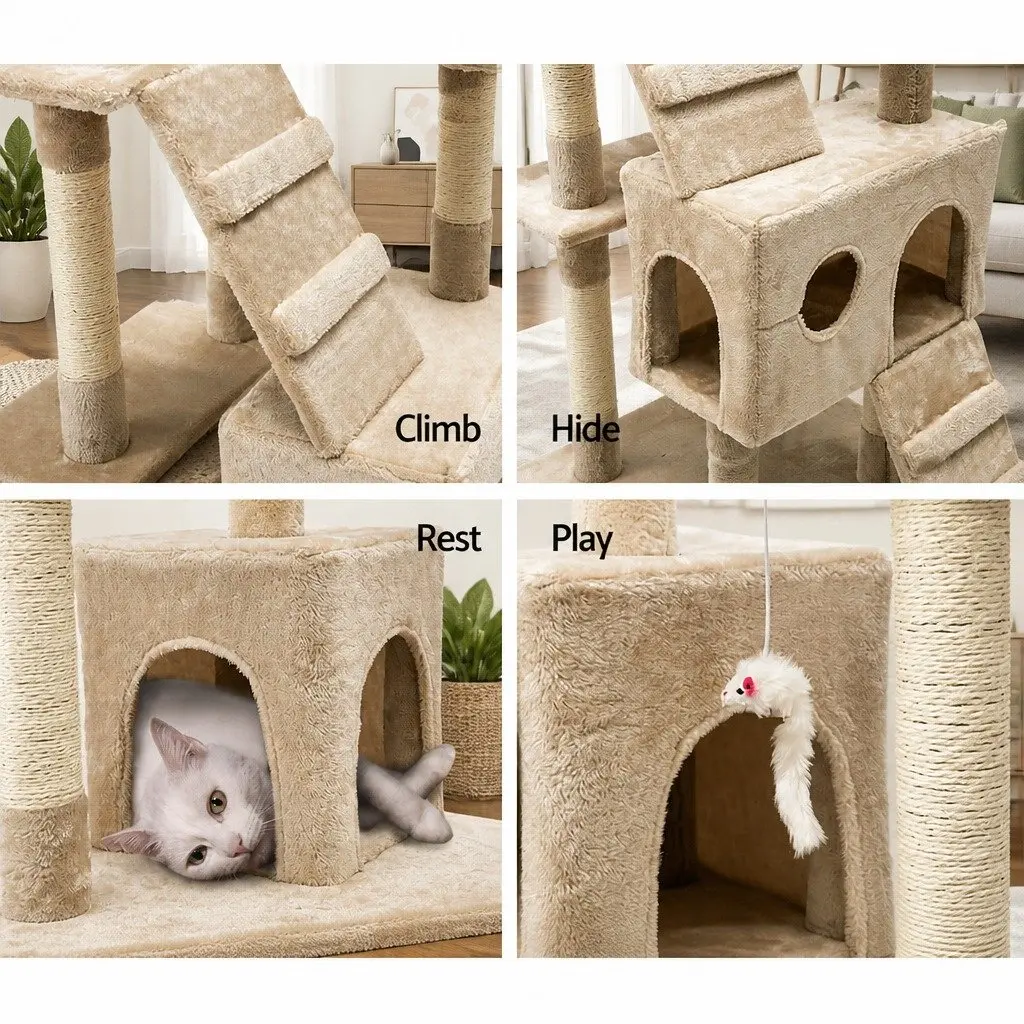 Cat Tree Scratching Post Condo House 180cm Multi-Level Beige