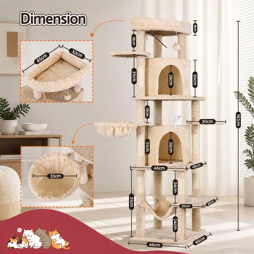 Cat Tree Tower Multi-Level Scratching Post 167cm Beige