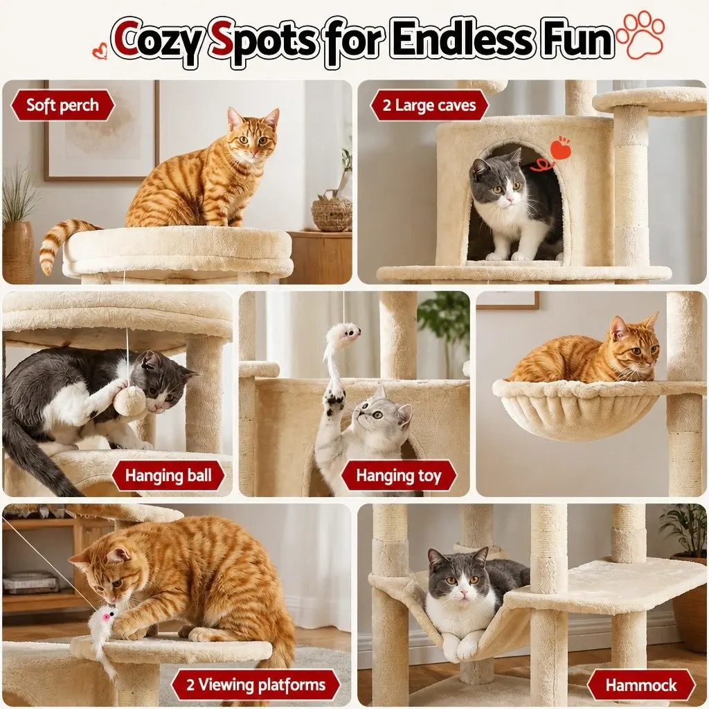 Cat Tree Tower Multi-Level Scratching Post 167cm Beige