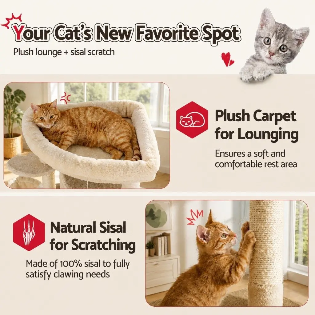 Cat Tree Tower Multi-Level Scratching Post 167cm Beige