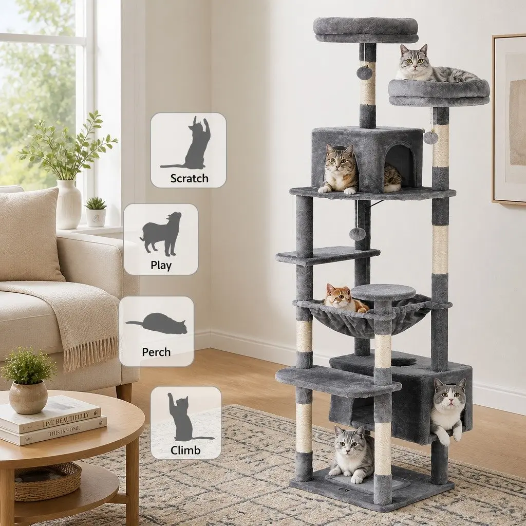 Cat Tree Scratching Post Tower 184cm Light Grey