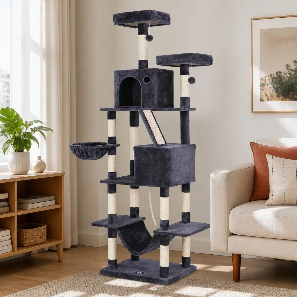 Cat Tree Tower Multi-Level Scratching Post 206cm Plush Dark Grey