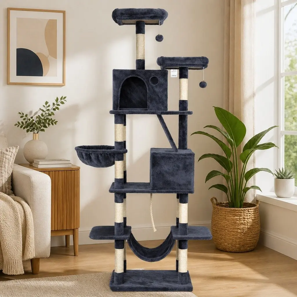 Cat Tree Tower Multi-Level Scratching Post 206cm Plush Dark Grey