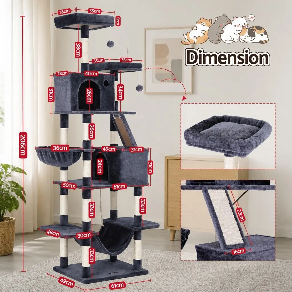 Cat Tree Tower Multi-Level Scratching Post 206cm Plush Dark Grey