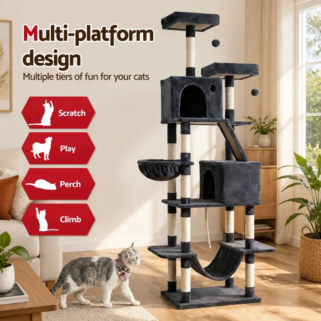 Cat Tree Tower Multi-Level Scratching Post 206cm Plush Dark Grey