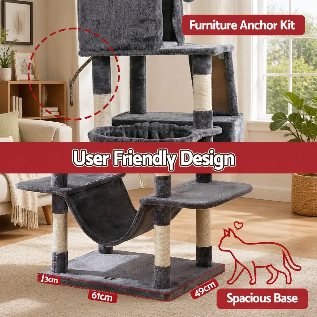 Cat Tree Tower Multi-Level Scratching Post 206cm Plush Dark Grey