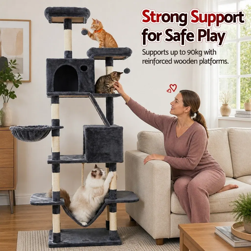 Cat Tree Tower Multi-Level Scratching Post 206cm Plush Dark Grey