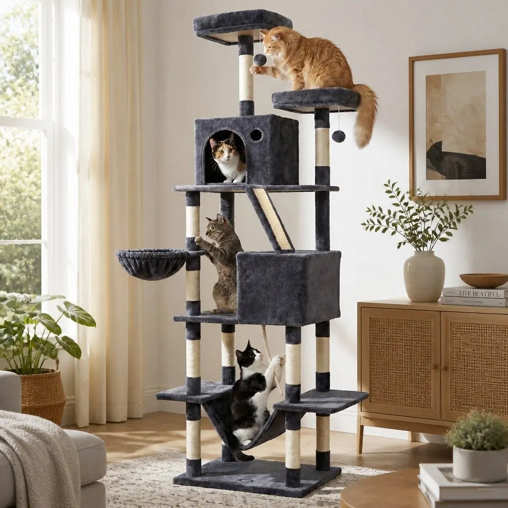 Cat Tree Tower Multi-Level Scratching Post 206cm Plush Dark Grey