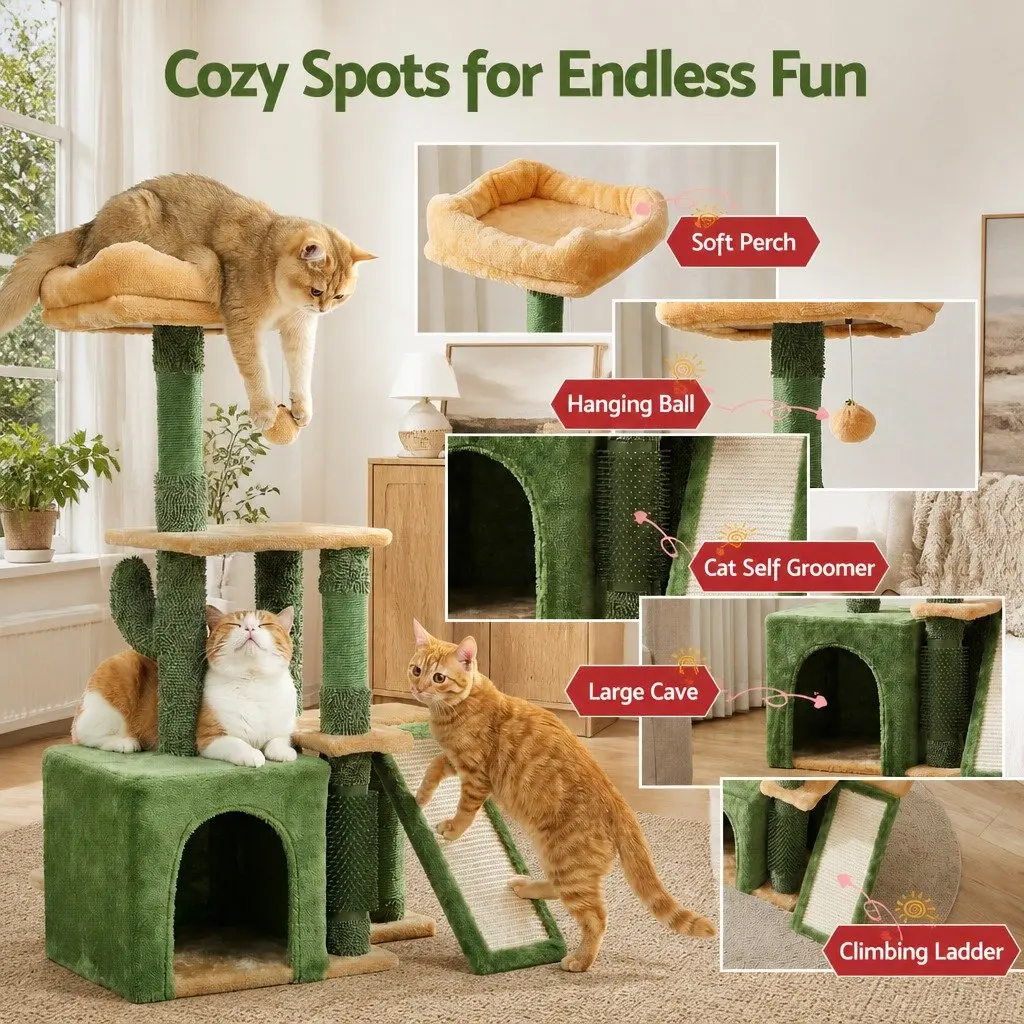Cat Tree Tower 101cm Scratching Post Multi-Level Platform Furniture Green House