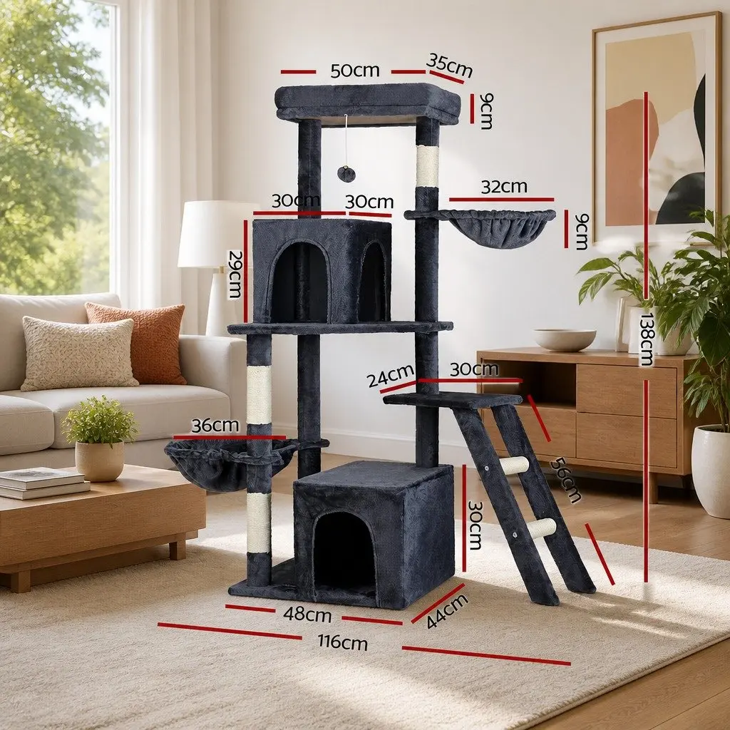 Cat Tree Tower Scratching Post Condo 138cm Grey Multi-Level Climbing House
