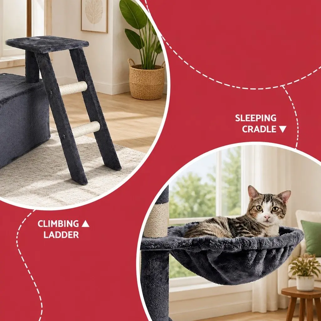 Cat Tree Tower Scratching Post Condo 138cm Grey Multi-Level Climbing House