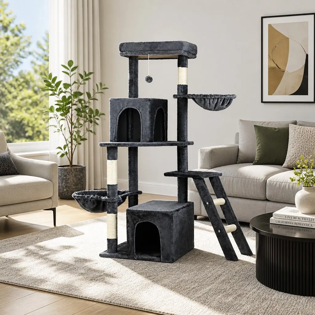 Cat Tree Tower Scratching Post Condo 138cm Grey Multi-Level Climbing House