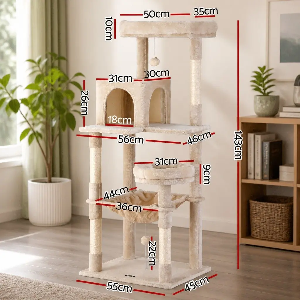 Cat Tree Tower 143cm Scratching Post Condo House Multi-Level Climbing Lounging