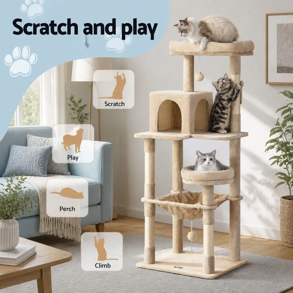 Cat Tree Tower 143cm Scratching Post Condo House Multi-Level Climbing Lounging