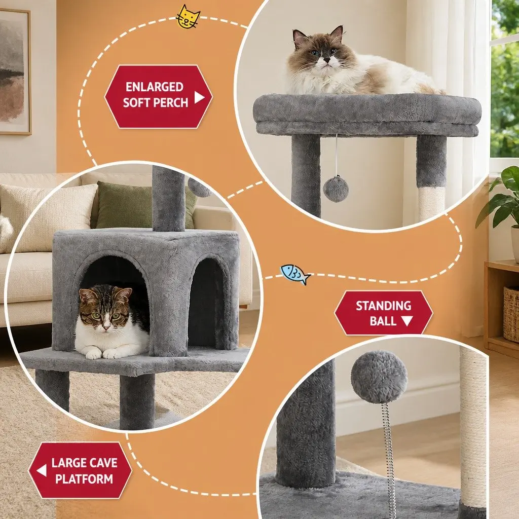 Cat Tree Tower Scratching Post Condo House 143cm Multi-Level Grey Wooden Pet