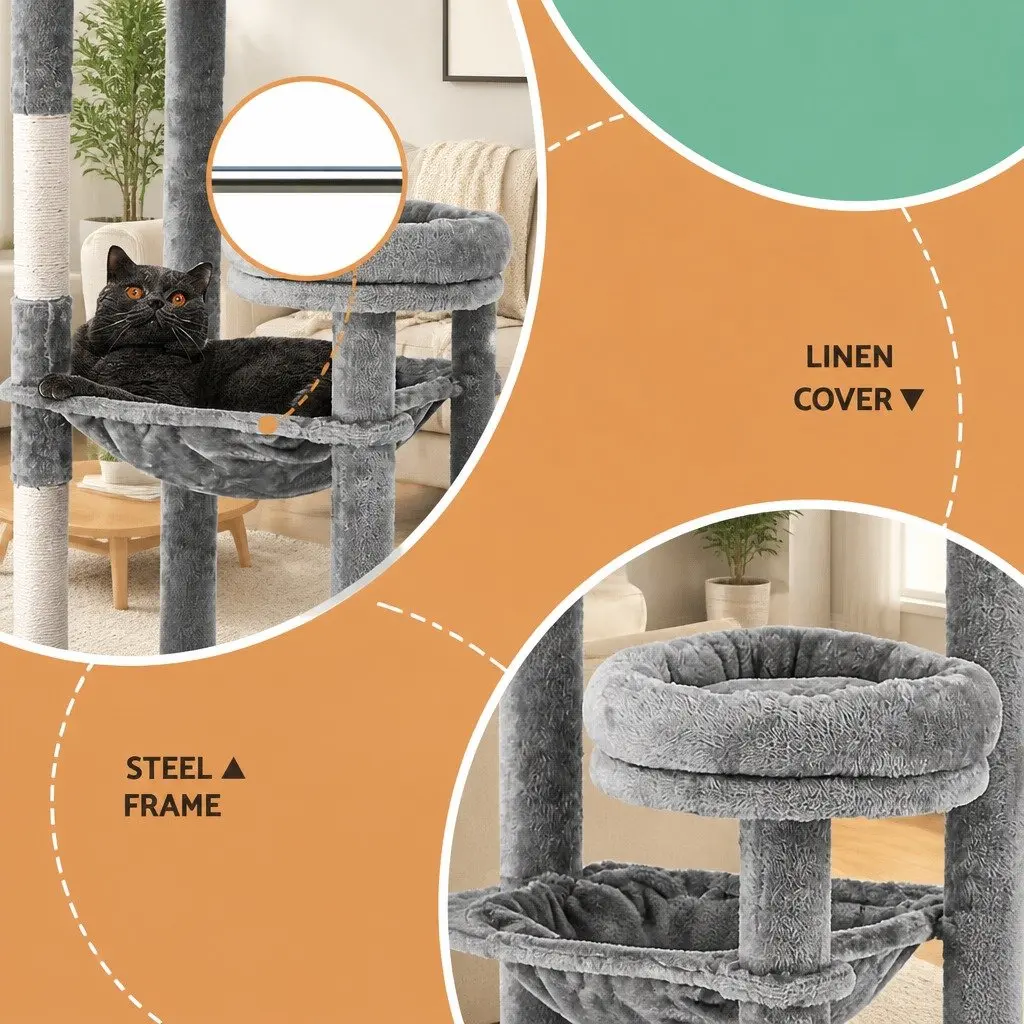 Cat Tree Tower Scratching Post Condo House 143cm Multi-Level Grey Wooden Pet