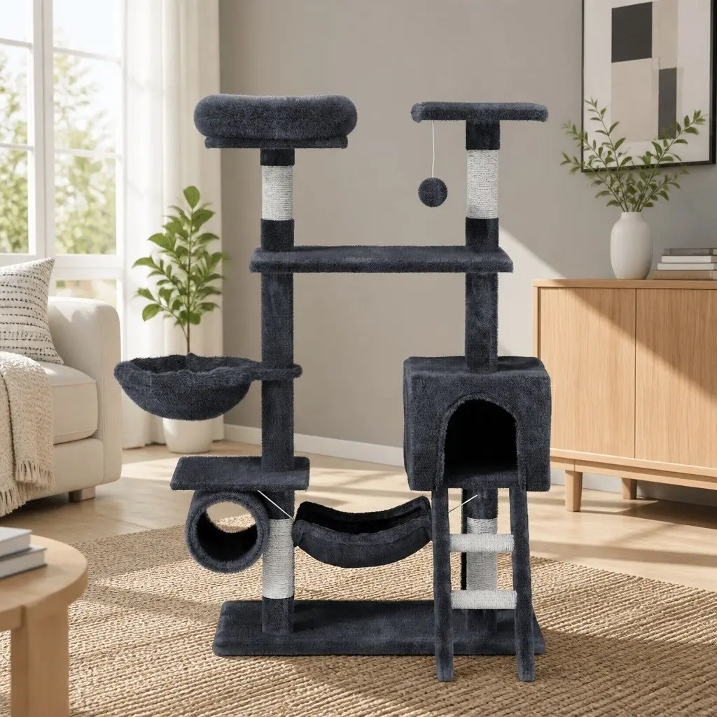 Cat Tree Tower Multi-Level Scratching Post Condo Bed House 144cm Grey