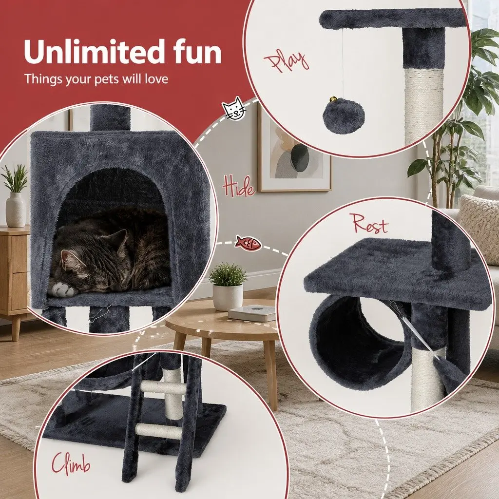 Cat Tree Tower Multi-Level Scratching Post Condo Bed House 144cm Grey