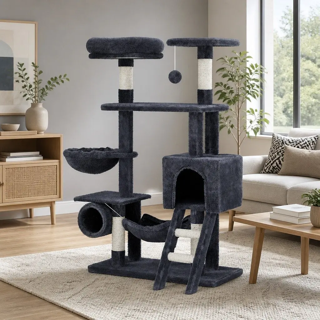 Cat Tree Tower Multi-Level Scratching Post Condo Bed House 144cm Grey