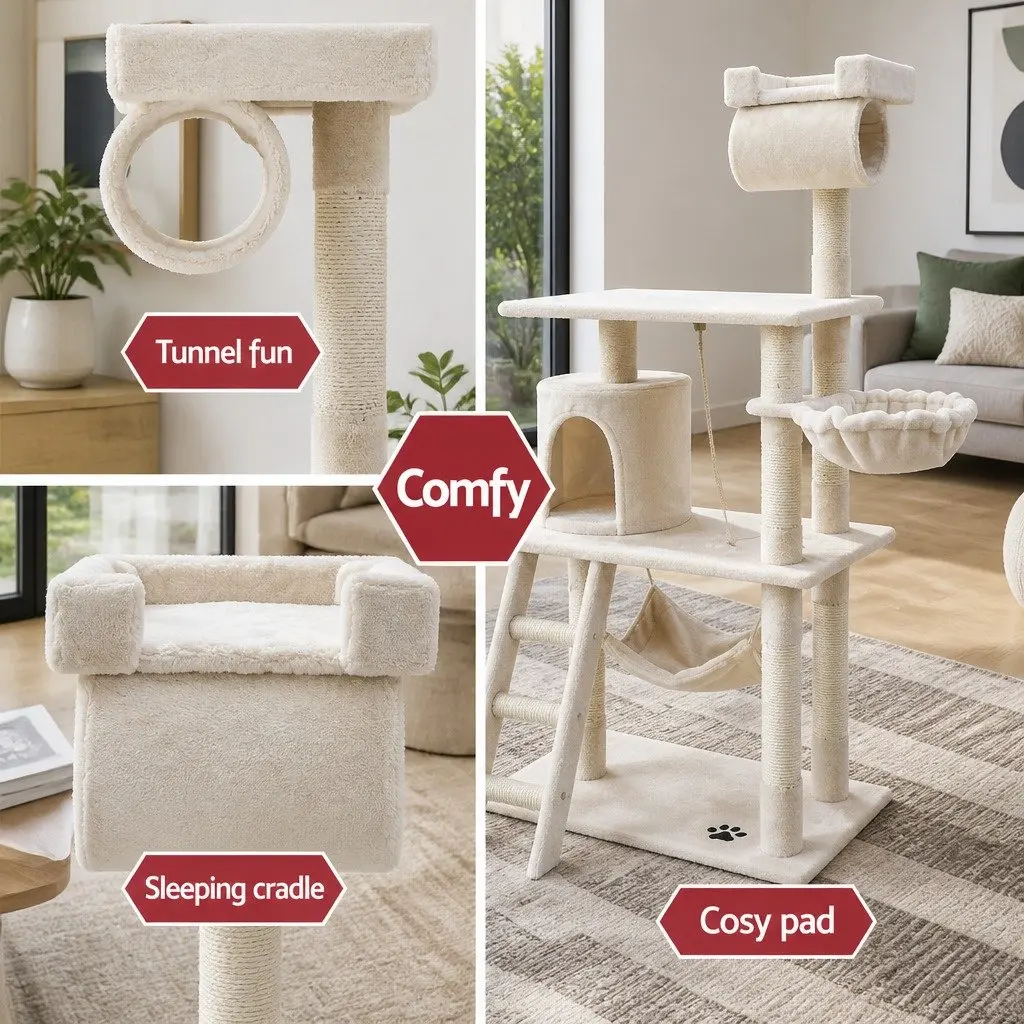 Cat Tree Scratching Post Tower Condo 141cm Beige
