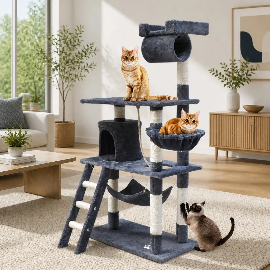 Cat Tree Tower Scratching Post Condo Perch Bed 141cm Grey