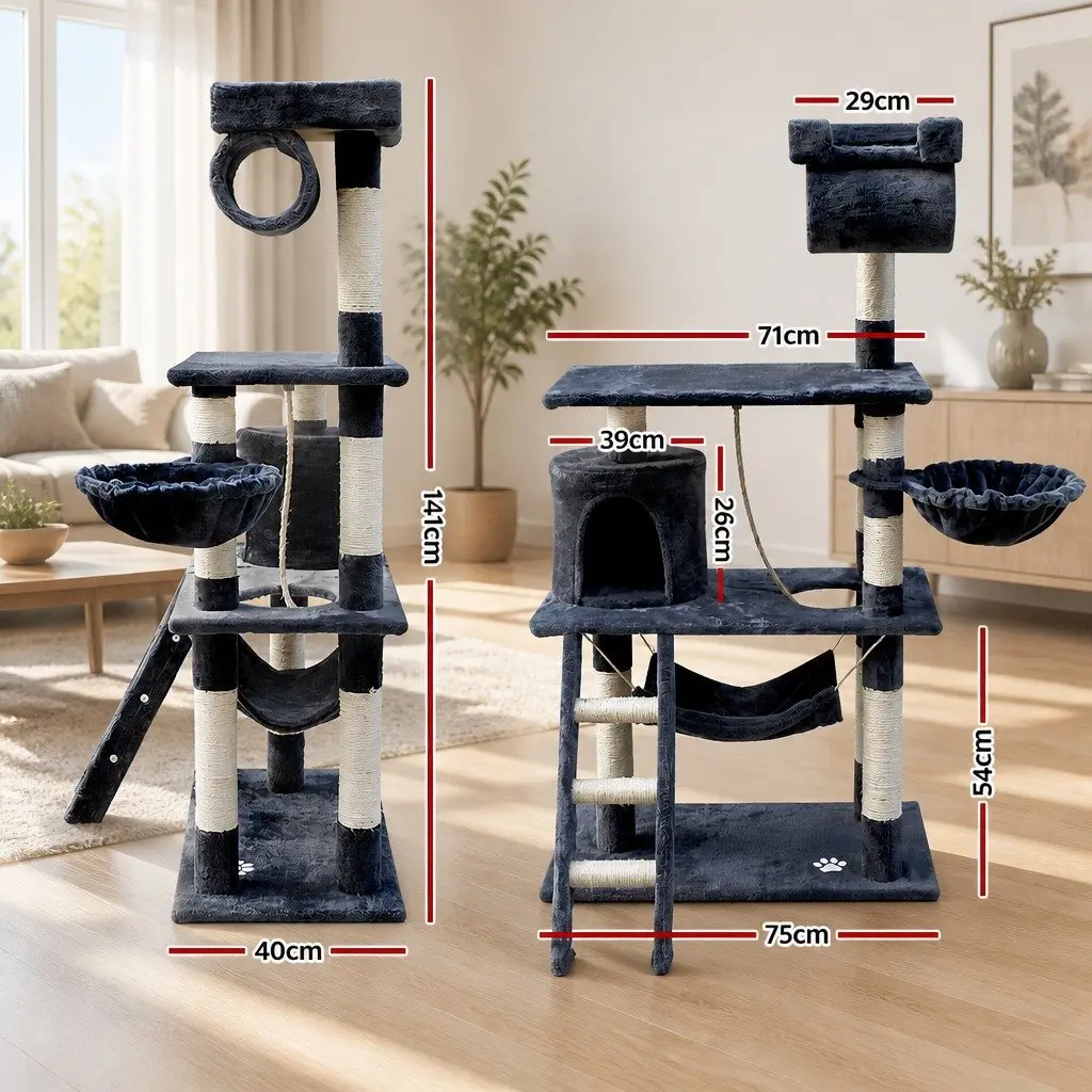 Cat Tree Tower Scratching Post Condo Perch Bed 141cm Grey