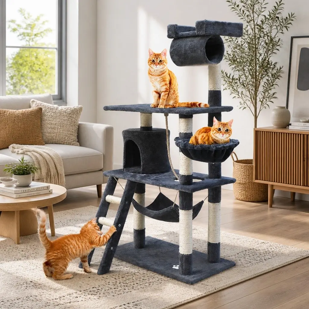 Cat Tree Tower Scratching Post Condo Perch Bed 141cm Grey